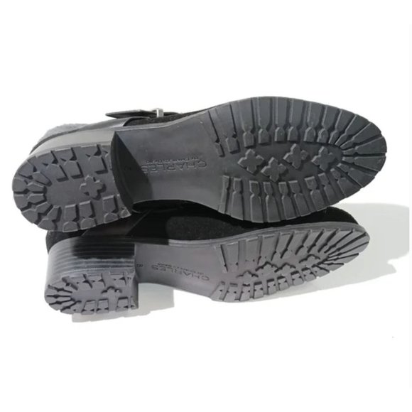 Size 8 Charles David‎ Jen Suede Cuffed Grey Shearling Lug Sole Moto Boot Black - Picture 6 of 8